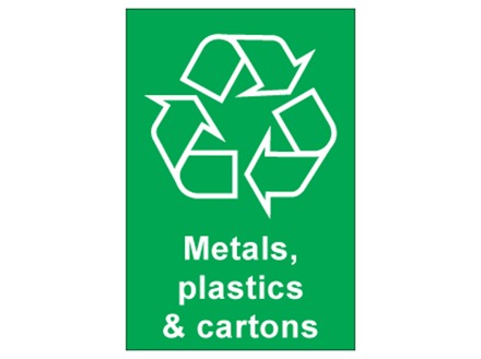 Metals, plastics & cartons recycling sign.